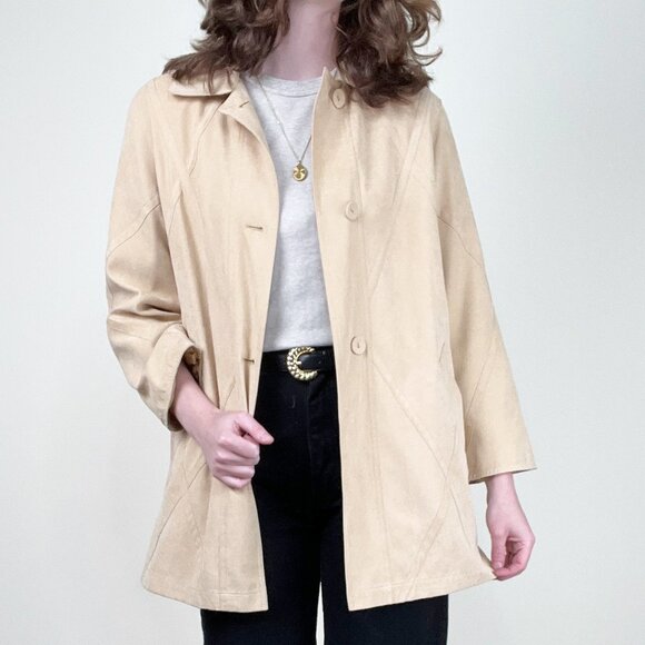 Vintage 90s Y2K Long Faux Suede Leather Peacoat Trench Jacket Quiet Luxury Coat - Picture 5 of 9
